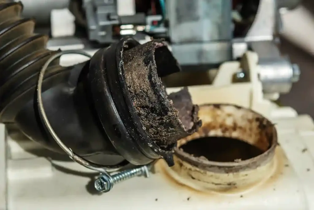 Damaged black washing machine drain pipe