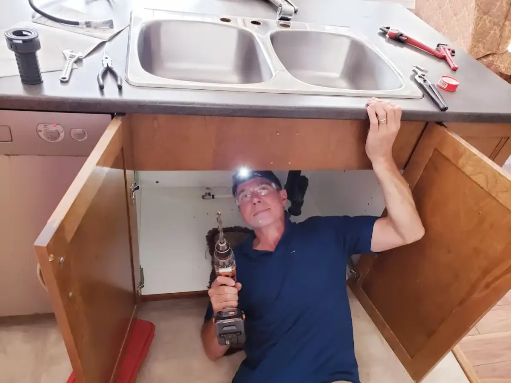 Plumber fixing a kitchen sink