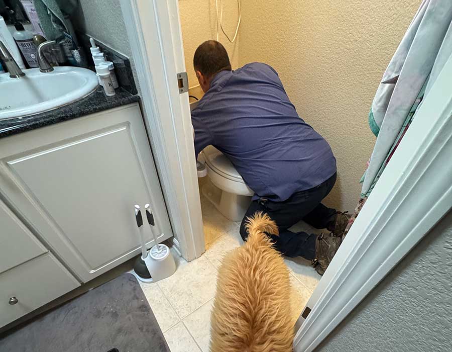 Plumber inspecting and repairing a toilet in a Vacaville, CA home