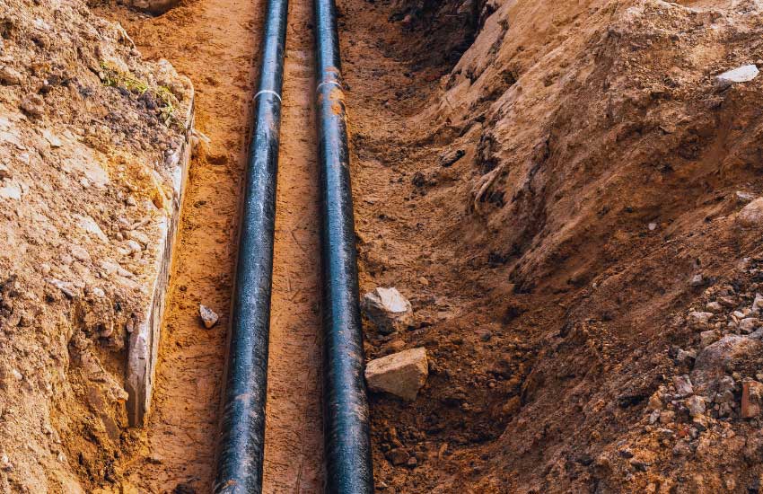 Underground main water lines exposed in a trench for repair in Vacaville, CA