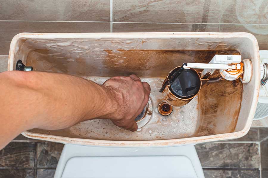 Technician repairing the flush mechanism inside a toilet tank in Vacaville, CA