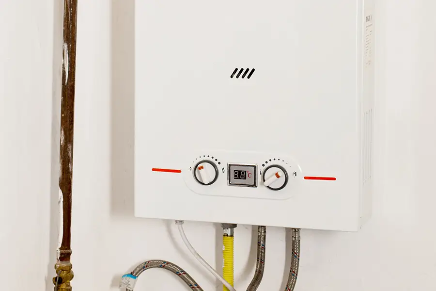 Commercial tankless water heater system ready for inspection and repair
